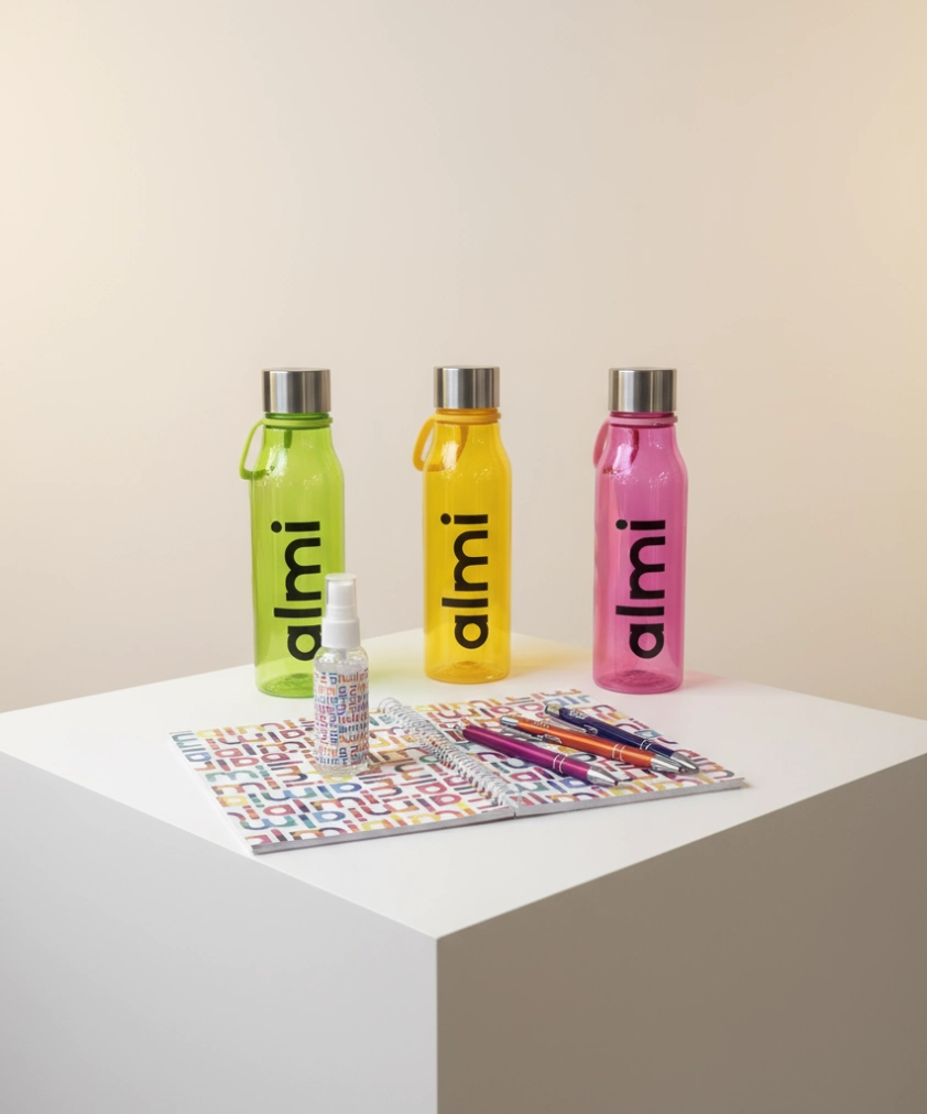 Almi-m&auml;rkt merchandise: tre f&auml;rgglada vattenflaskor, en m&ouml;nstrad anteckningsbok, en sprayflaska och pennor.