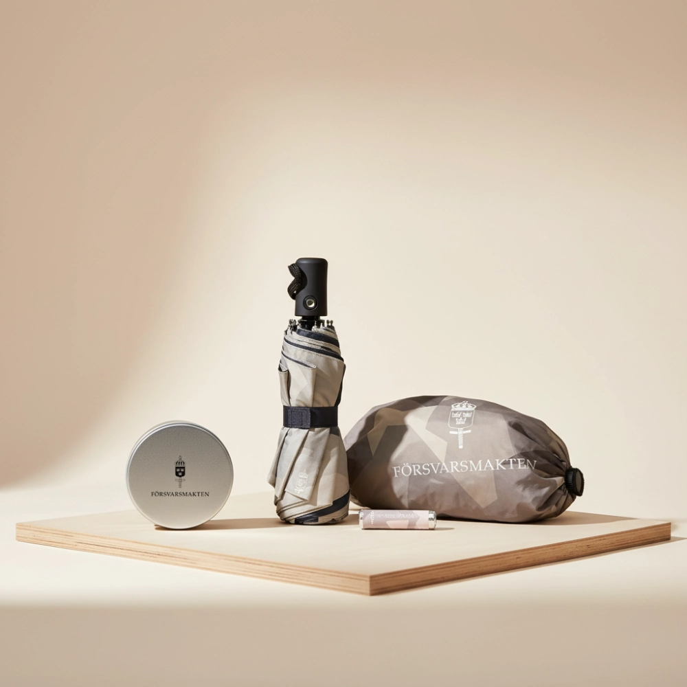 Försvarsmaktens föremål: ett hopfällt kamouflageparaply och en väska, en rund metallburk och ett litet läppbalsam.