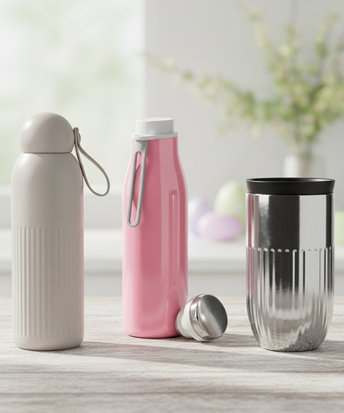 3 vattenflaskor i olika f&auml;rger p&aring; ett bord. 